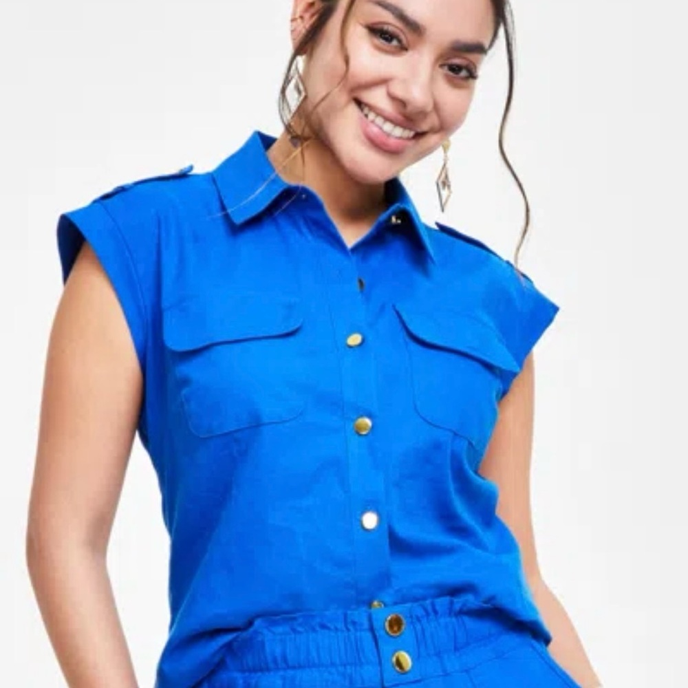 Blue Boxy Cap Sleeve Button Down Shirt